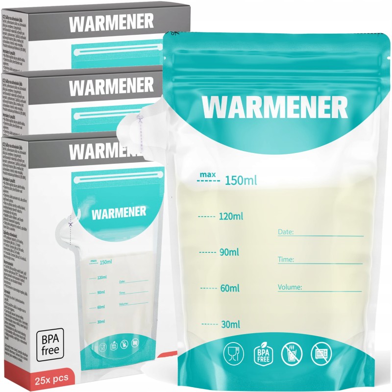 Sterylne saszetki na mleko matki Warmener – 75 szt., idealne do przechowywania i zamrażania
