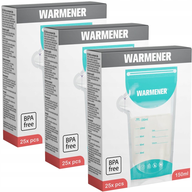 Sterylne saszetki na mleko matki Warmener – Zestaw 3 opakowań po 25 sztuk